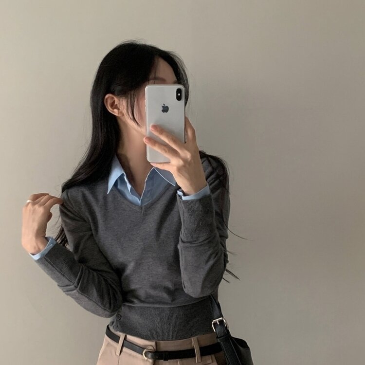 크림 단가라무지 트임 버튼 슬림 긴팔니트 10color 그레이