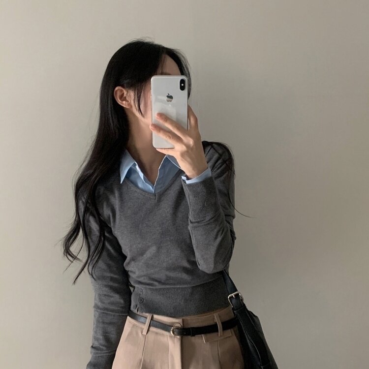 크림 단가라무지 트임 버튼 슬림 긴팔니트 10color 그레이