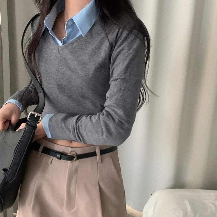 크림 단가라무지 트임 버튼 슬림 긴팔니트 10color 그레이