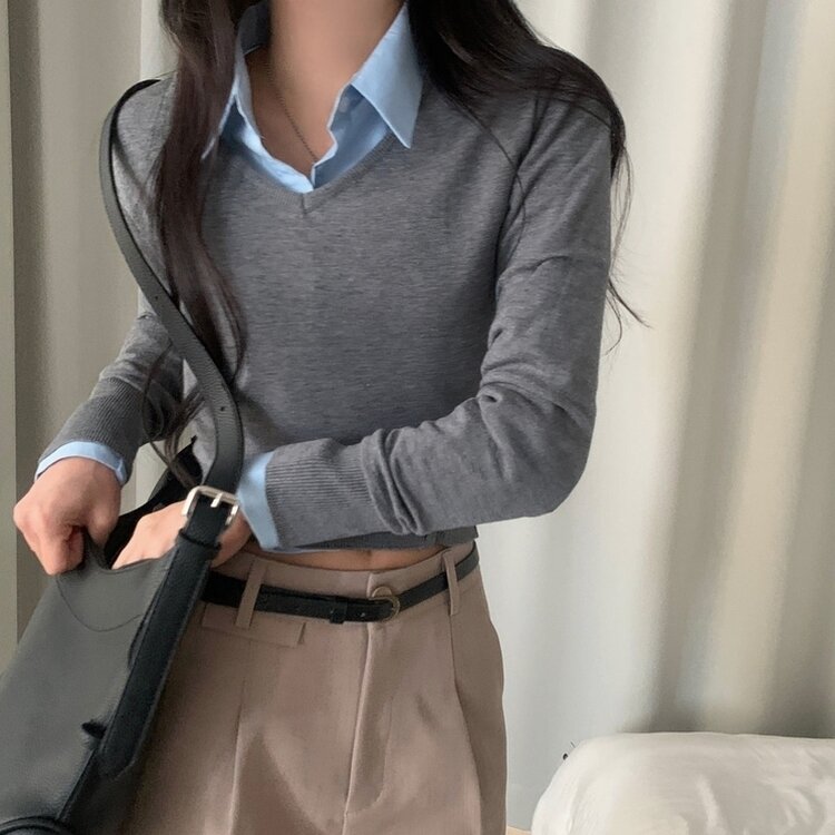 크림 단가라무지 트임 버튼 슬림 긴팔니트 10color 그레이