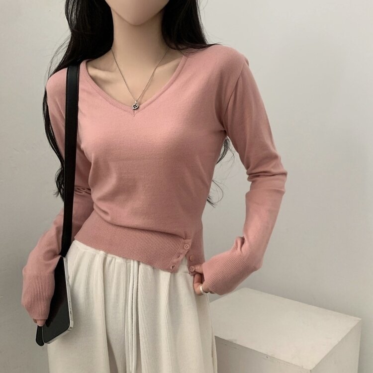 크림 단가라무지 트임 버튼 슬림 긴팔니트 10color 핑크