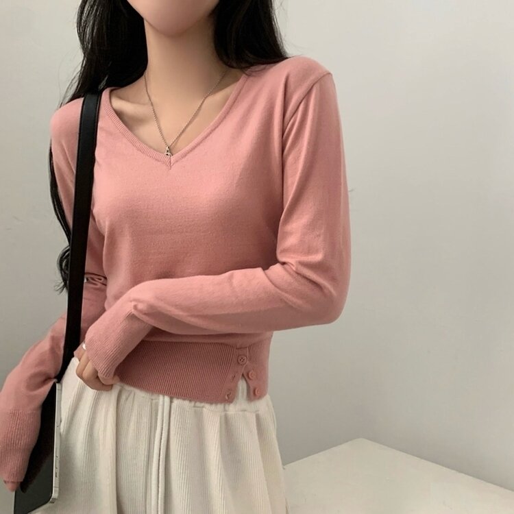 크림 단가라무지 트임 버튼 슬림 긴팔니트 10color 핑크