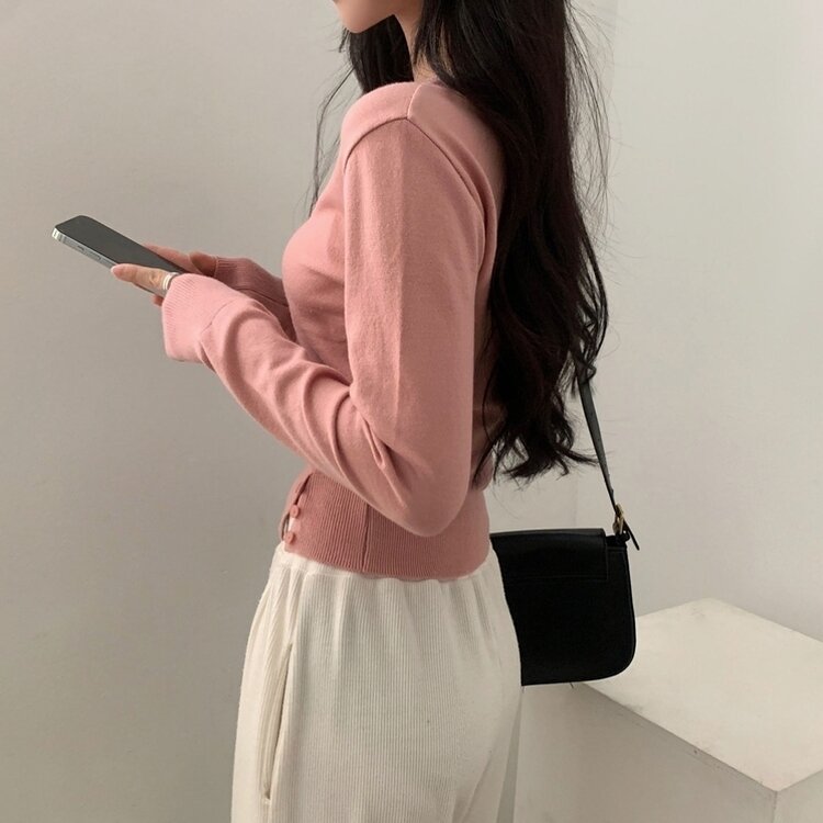 크림 단가라무지 트임 버튼 슬림 긴팔니트 10color 핑크