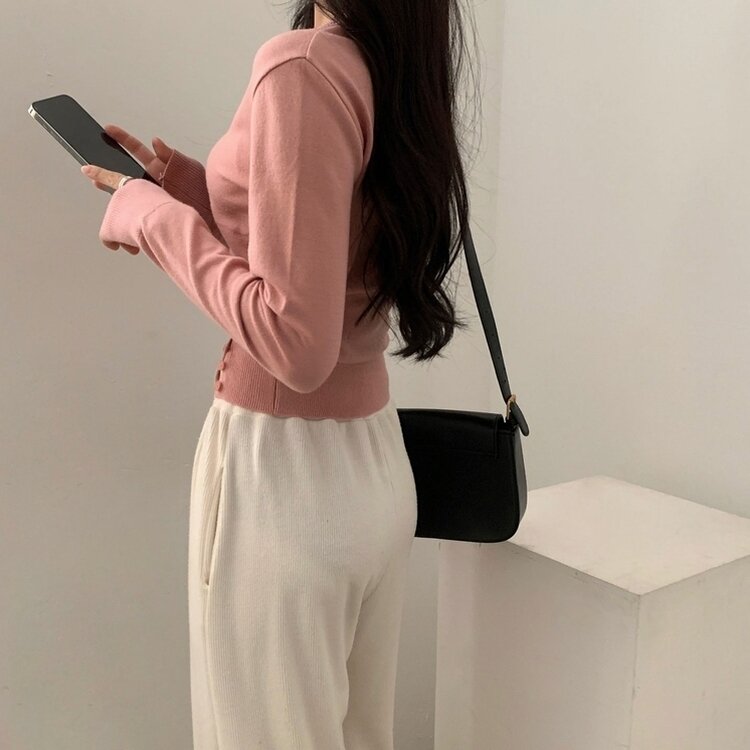 크림 단가라무지 트임 버튼 슬림 긴팔니트 10color 핑크