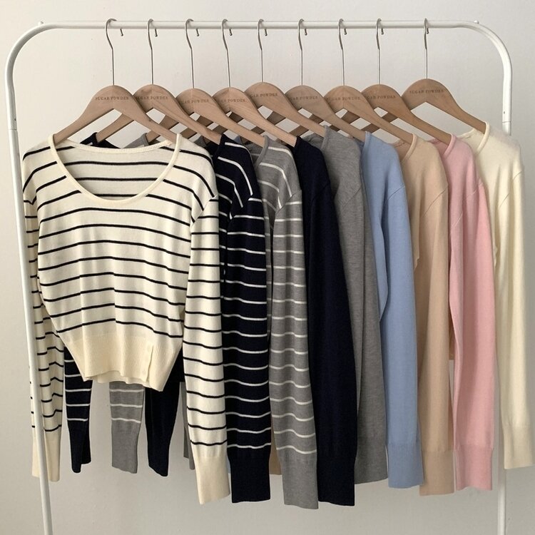 크림 단가라무지 트임 버튼 슬림 긴팔니트 10color