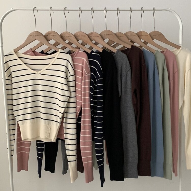 크림 단가라무지 트임 버튼 슬림 긴팔니트 10color