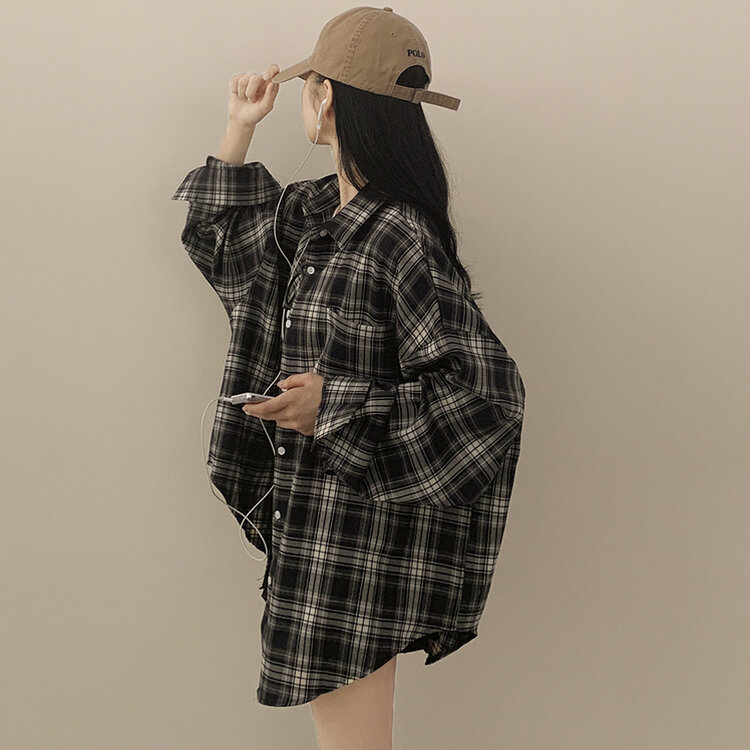 キャンパスルックオーバーフィットチェックシャツ｜シャツ｜韓国