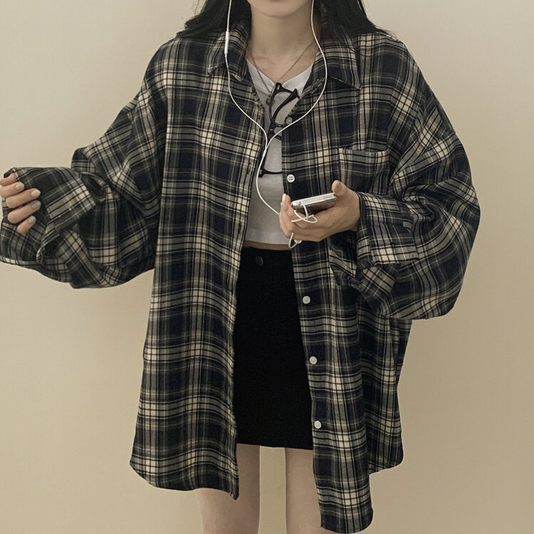 キャンパスルックオーバーフィットチェックシャツ｜シャツ｜韓国
