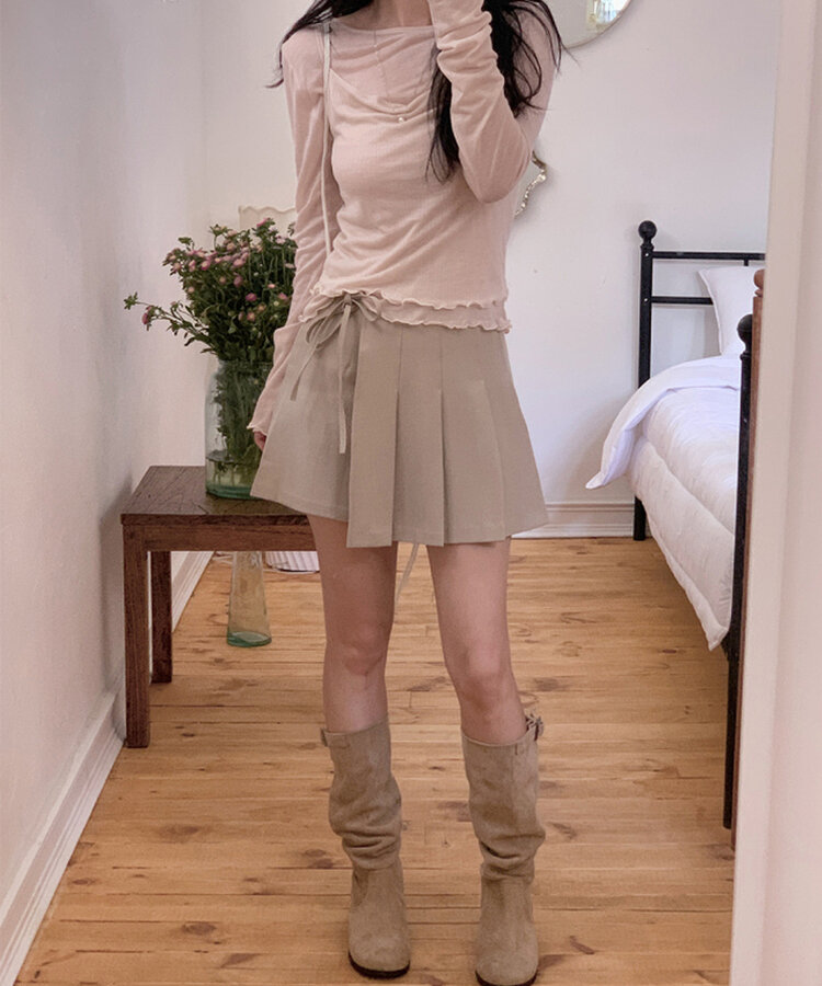 プリーツリボンパンツインミニスカート BEIGE