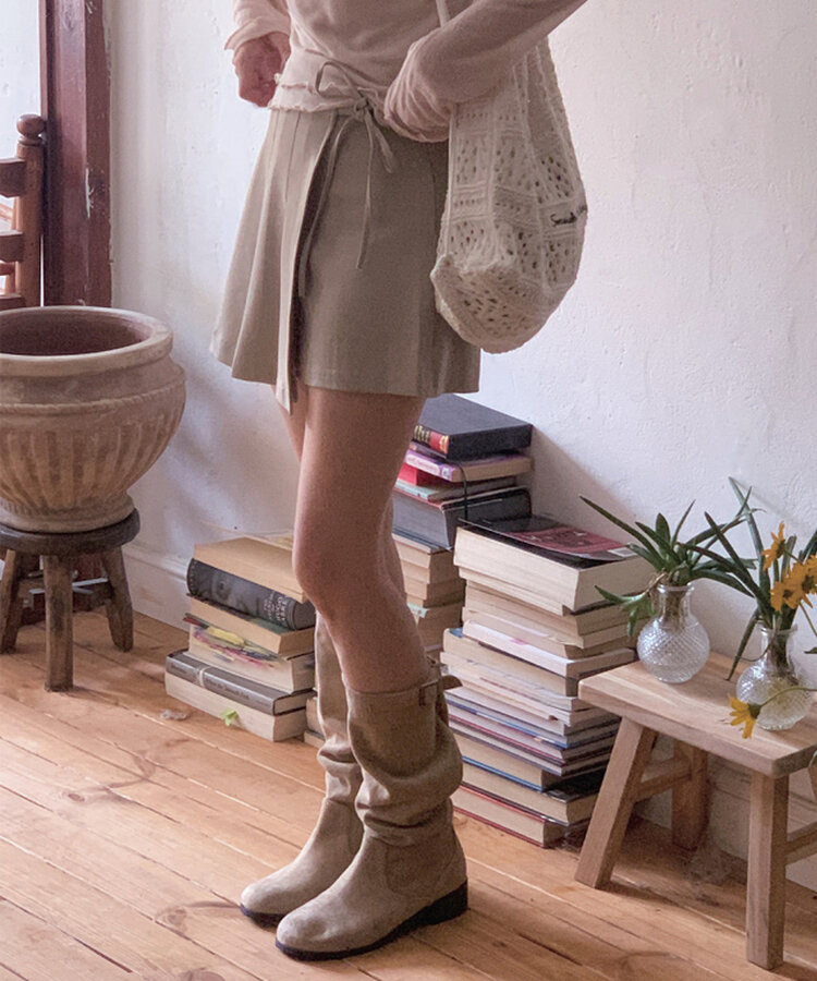 プリーツリボンパンツインミニスカート BEIGE