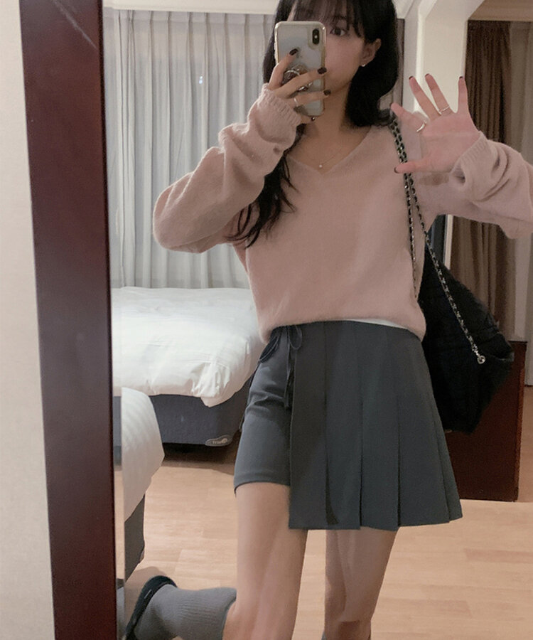 プリーツリボンパンツインミニスカート GRAY