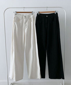 베러 사이드 핀턱 밑단 스냅 비조버튼 코튼 와이드핏 롱팬츠