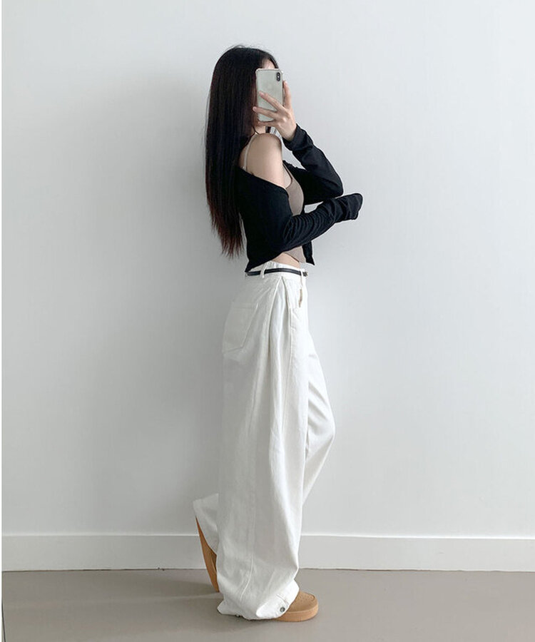 베러 사이드 핀턱 밑단 스냅 비조버튼 코튼 와이드핏 롱팬츠 화이트
