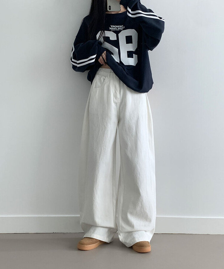 베러 사이드 핀턱 밑단 스냅 비조버튼 코튼 와이드핏 롱팬츠 화이트