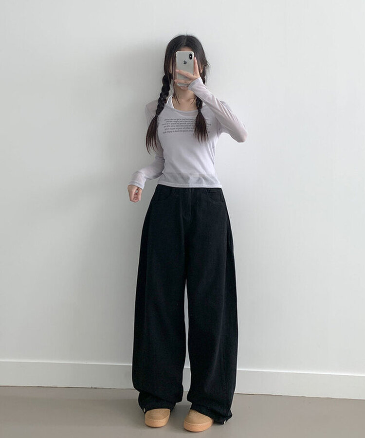 베러 사이드 핀턱 밑단 스냅 비조버튼 코튼 와이드핏 롱팬츠 블랙