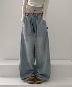 【SHORT/LONG 丈別】サイドスナップビンテージワイドデニムパンツ LIGHT BLUE