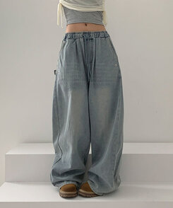 【SHORT/LONG 丈別】サイドスナップビンテージワイドデニムパンツ LIGHT BLUE