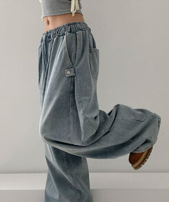 【SHORT/LONG 丈別】サイドスナップビンテージワイドデニムパンツ LIGHT BLUE