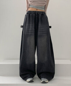 【SHORT/LONG 丈別】サイドスナップビンテージワイドデニムパンツ BLACK DENIM