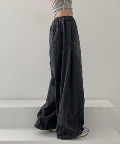 【SHORT/LONG 丈別】サイドスナップビンテージワイドデニムパンツ BLACK DENIM