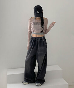 【SHORT/LONG 丈別】サイドスナップビンテージワイドデニムパンツ BLACK DENIM