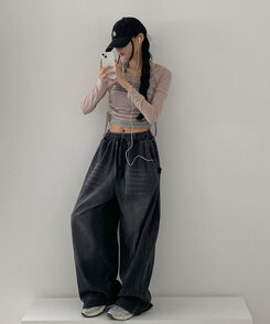 【SHORT/LONG 丈別】サイドスナップビンテージワイドデニムパンツ BLACK DENIM