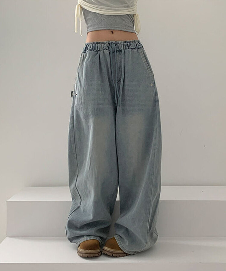 【SHORT/LONG 丈別】サイドスナップビンテージワイドデニムパンツ LIGHT BLUE