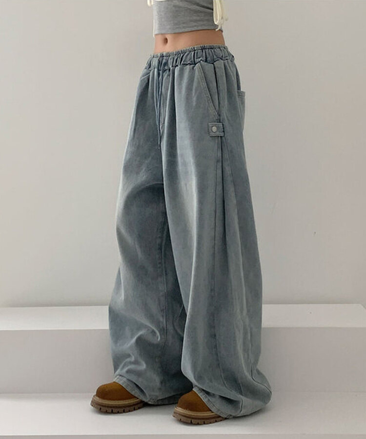 【SHORT/LONG 丈別】サイドスナップビンテージワイドデニムパンツ LIGHT BLUE