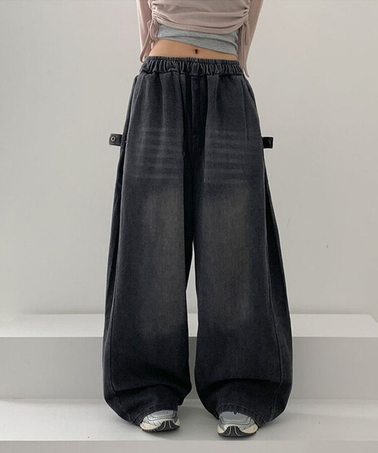 【SHORT/LONG 丈別】サイドスナップビンテージワイドデニムパンツ BLACK DENIM