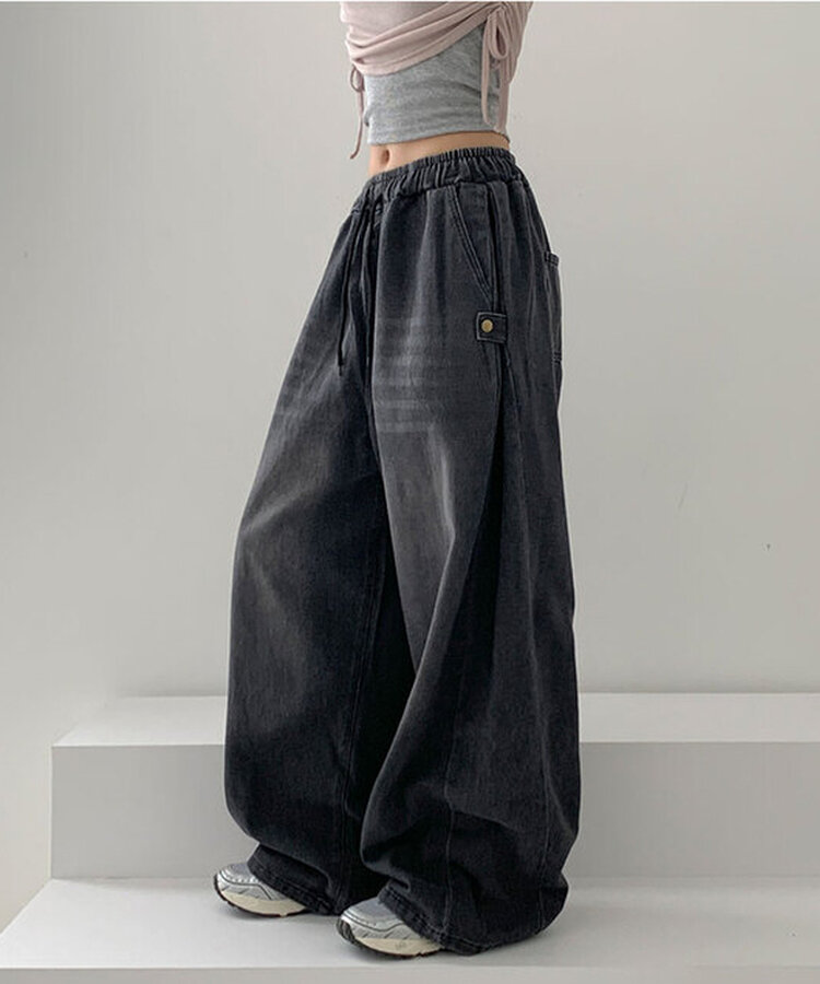 【SHORT/LONG 丈別】サイドスナップビンテージワイドデニムパンツ BLACK DENIM