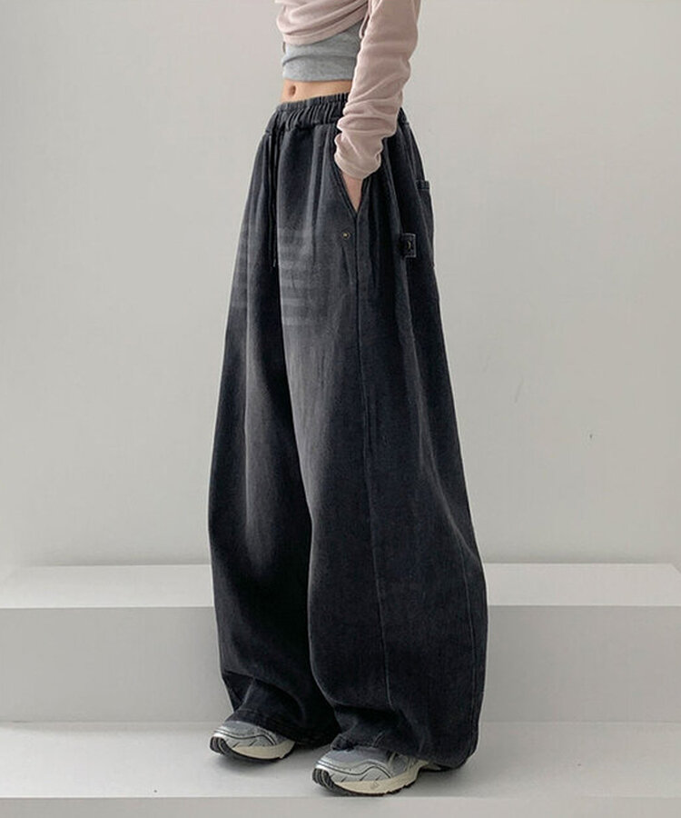 【SHORT/LONG 丈別】サイドスナップビンテージワイドデニムパンツ BLACK DENIM