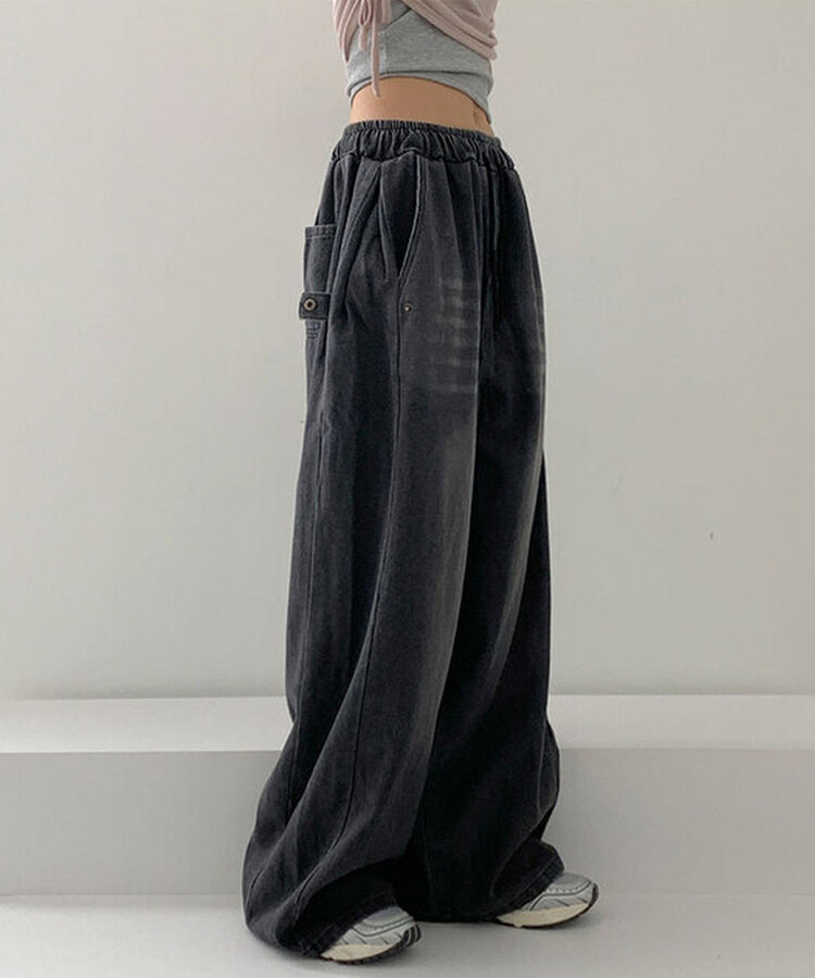【SHORT/LONG 丈別】サイドスナップビンテージワイドデニムパンツ BLACK DENIM