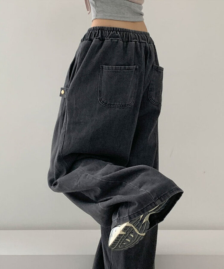 【SHORT/LONG 丈別】サイドスナップビンテージワイドデニムパンツ BLACK DENIM