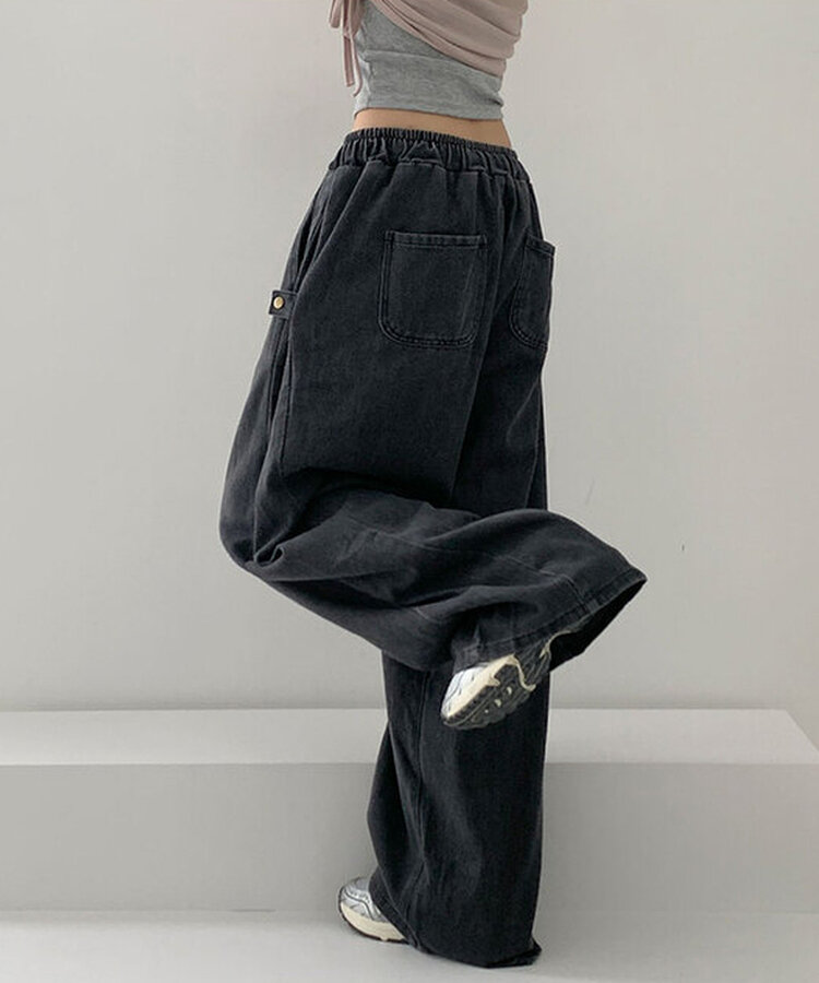 【SHORT/LONG 丈別】サイドスナップビンテージワイドデニムパンツ BLACK DENIM