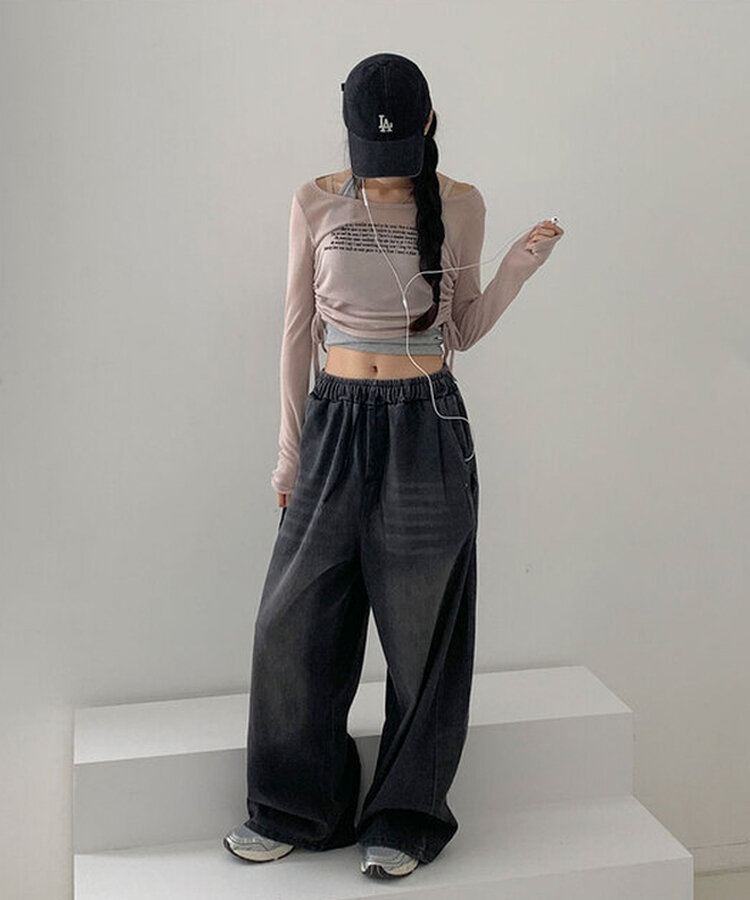 【SHORT/LONG 丈別】サイドスナップビンテージワイドデニムパンツ BLACK DENIM