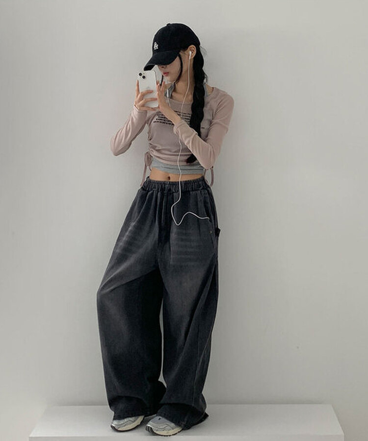 【SHORT/LONG 丈別】サイドスナップビンテージワイドデニムパンツ BLACK DENIM