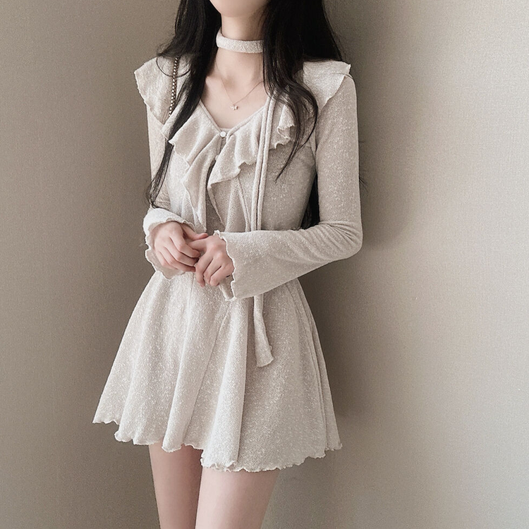 【3 PIECE SET】フリルカーディガン+ミニワンピース+スカーフ BEIGE