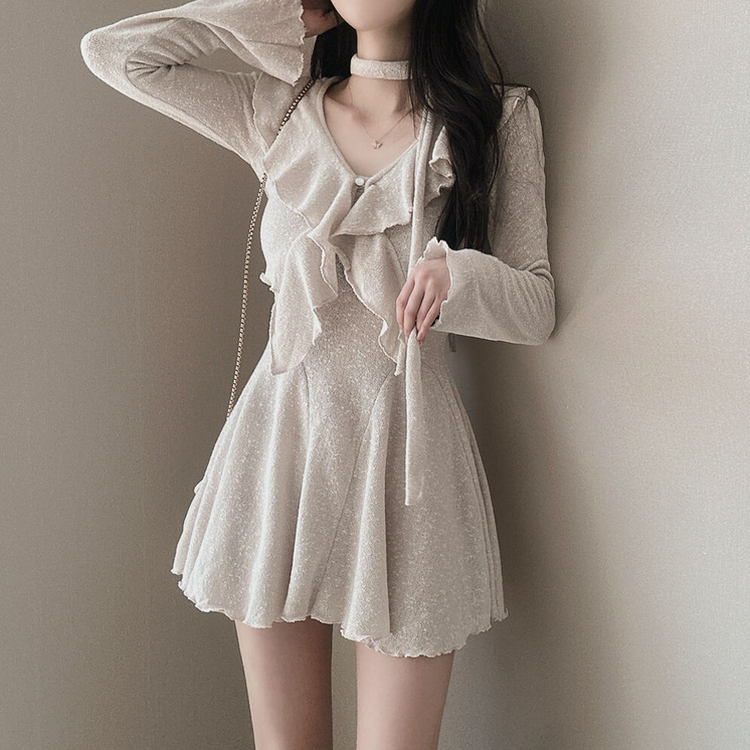 【3 PIECE SET】フリルカーディガン+ミニワンピース+スカーフ BEIGE