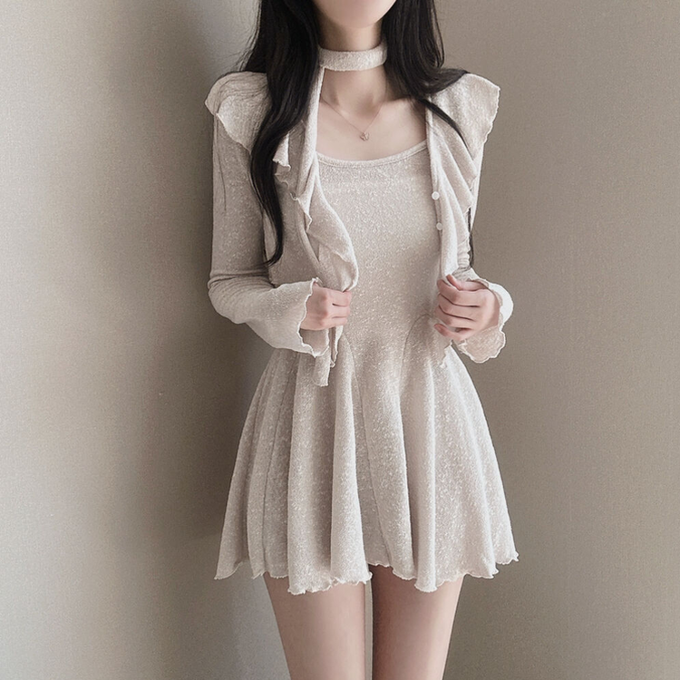 【3 PIECE SET】フリルカーディガン+ミニワンピース+スカーフ BEIGE