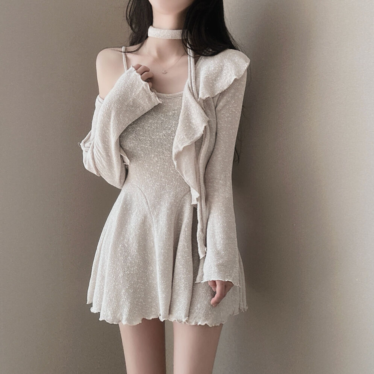 【3 PIECE SET】フリルカーディガン+ミニワンピース+スカーフ BEIGE
