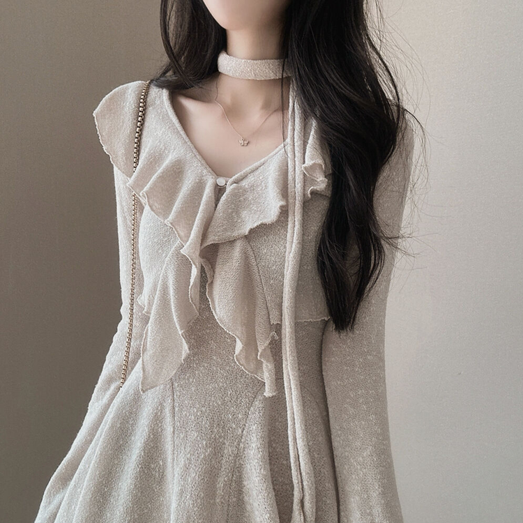 【3 PIECE SET】フリルカーディガン+ミニワンピース+スカーフ BEIGE