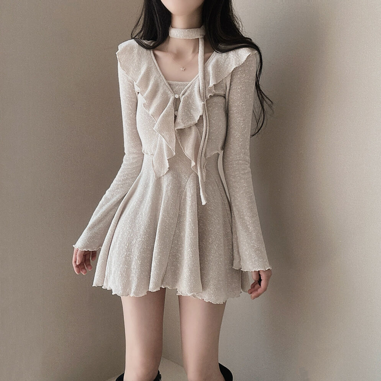 【3 PIECE SET】フリルカーディガン+ミニワンピース+スカーフ BEIGE