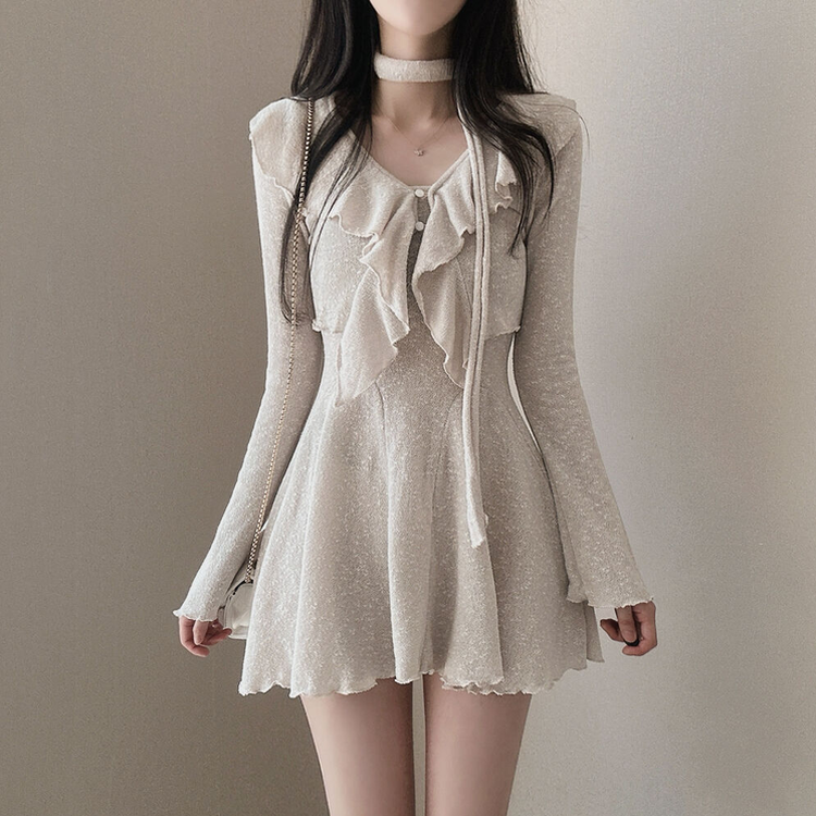 【3 PIECE SET】フリルカーディガン+ミニワンピース+スカーフ BEIGE
