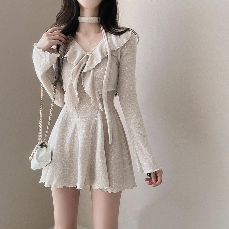 【3 PIECE SET】フリルカーディガン+ミニワンピース+スカーフ BEIGE