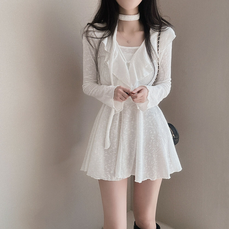 【3 PIECE SET】フリルカーディガン+ミニワンピース+スカーフ WHITE
