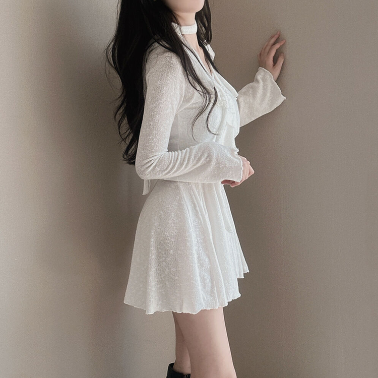 【3 PIECE SET】フリルカーディガン+ミニワンピース+スカーフ WHITE