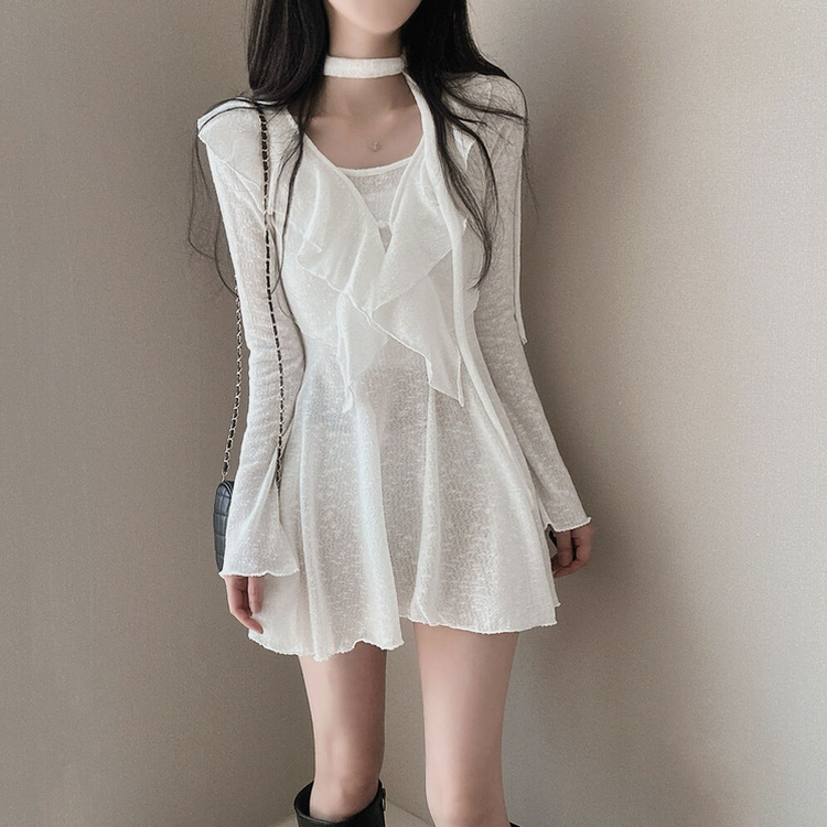 【3 PIECE SET】フリルカーディガン+ミニワンピース+スカーフ WHITE