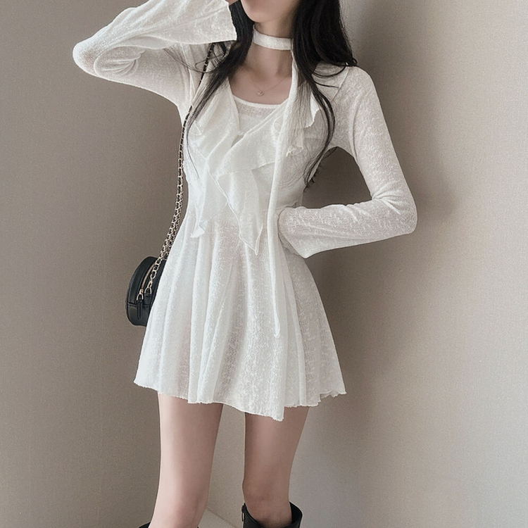 【3 PIECE SET】フリルカーディガン+ミニワンピース+スカーフ WHITE