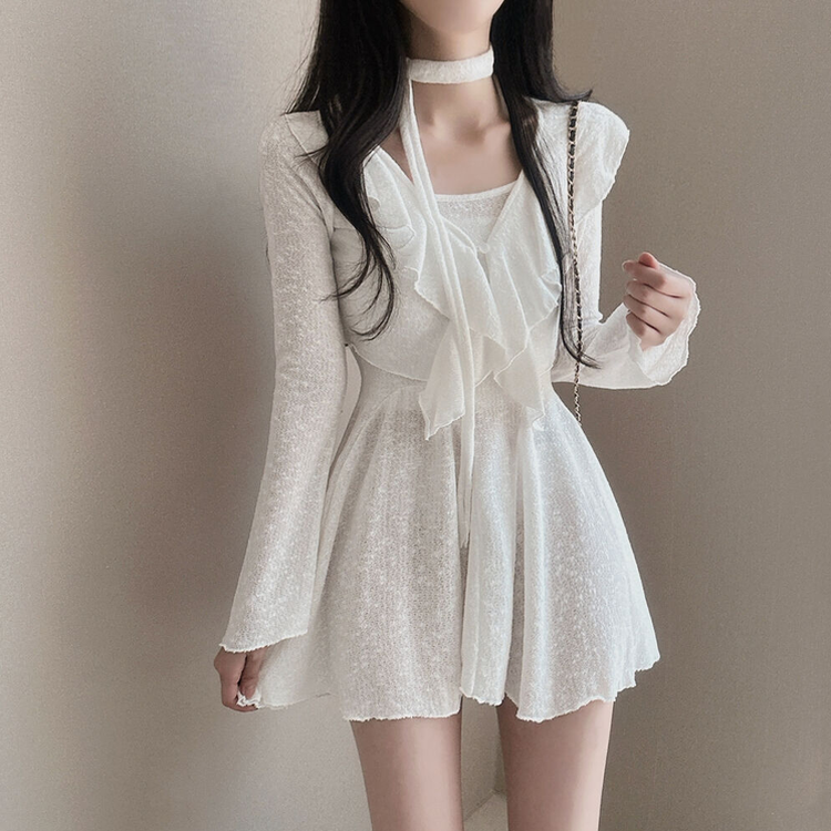 【3 PIECE SET】フリルカーディガン+ミニワンピース+スカーフ WHITE