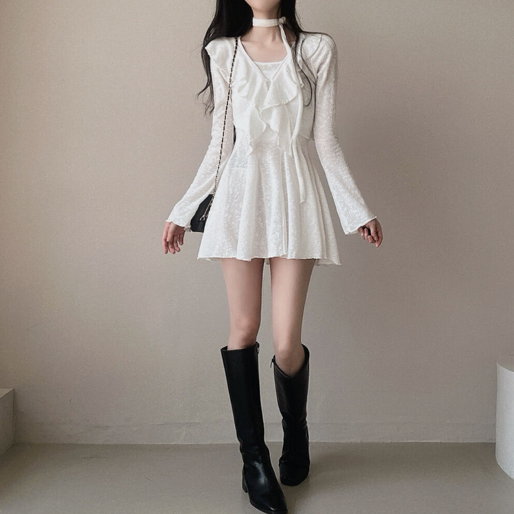 【3 PIECE SET】フリルカーディガン+ミニワンピース+スカーフ WHITE